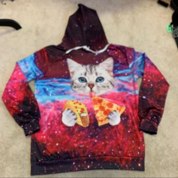 FUNNY cat eating taco and pizza slice pullover unisex hoodie size medium 💥 - Picture 4 of 10